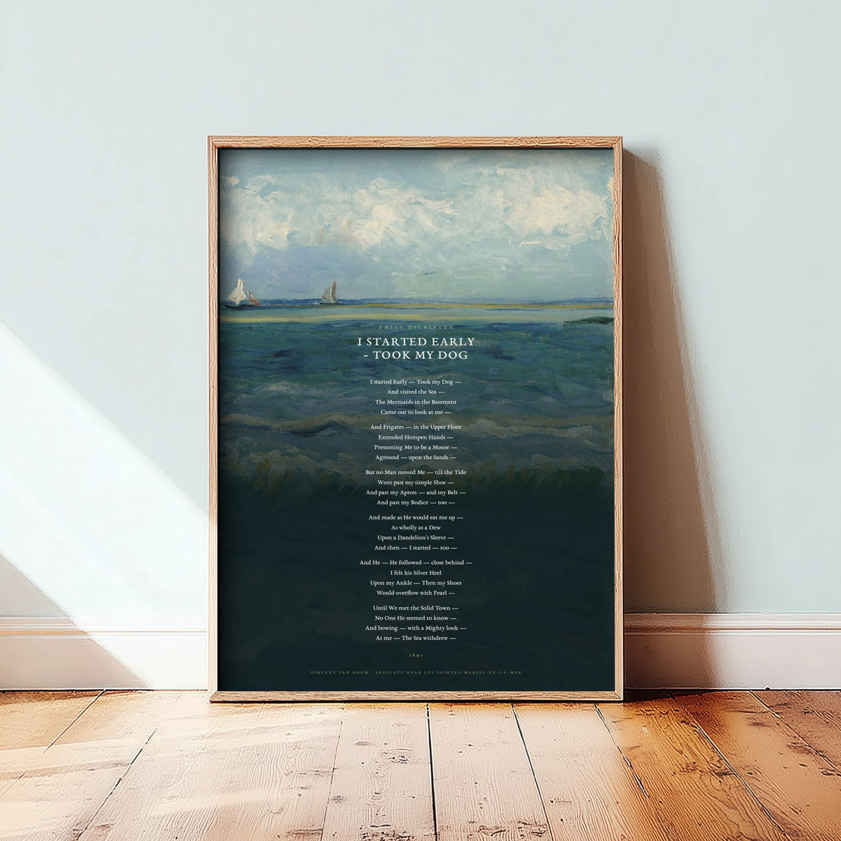 I Started Early Took My Dog by Emily Dickinson Art Print - Full Poem over Van Gogh Seascape Painting - Sea and Mermaids Poetry Poster