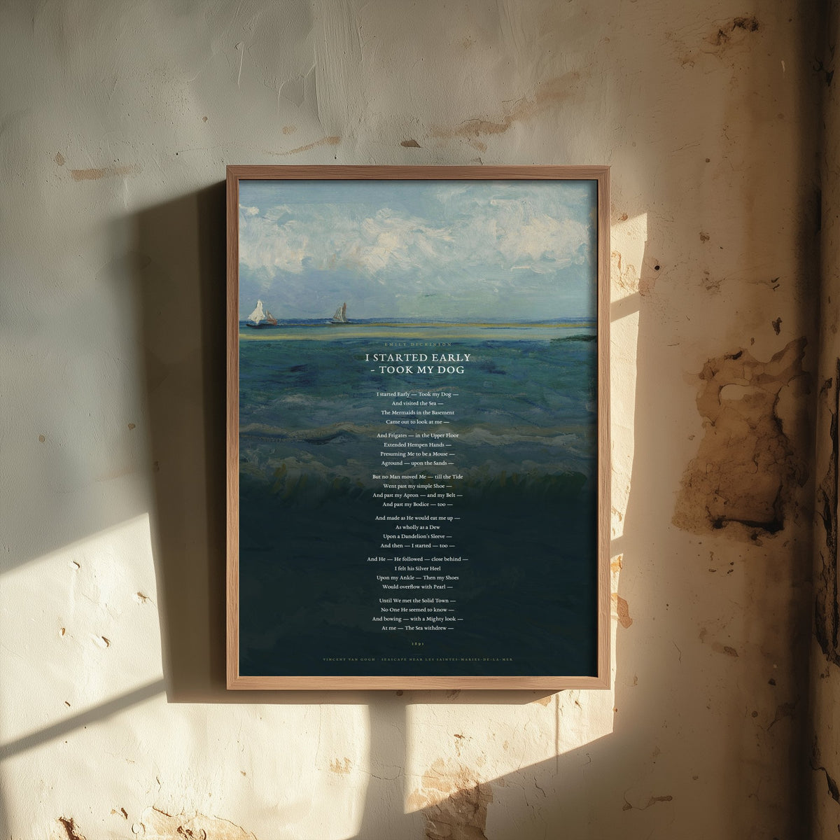 I Started Early Took My Dog by Emily Dickinson Art Print - Full Poem over Van Gogh Seascape Painting - Sea and Mermaids Poetry Poster