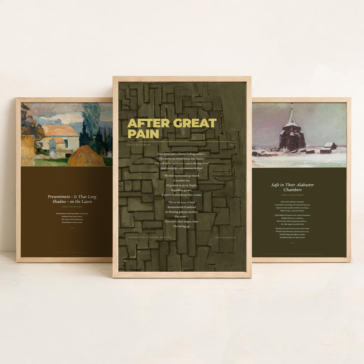 Emily Dickinson Grief Poems Set of Three Art Prints - Safe in Their Alabaster Chambers, After Great Pain, Presentiment - Painting Poster V3