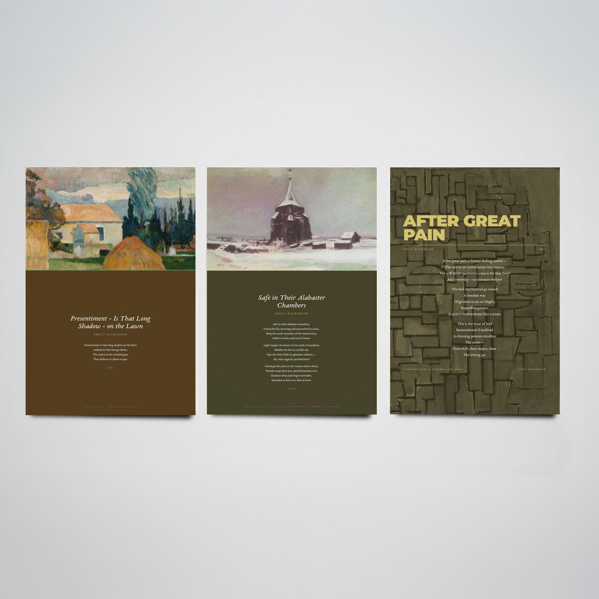 Emily Dickinson Grief Poems Set of Three Art Prints - Safe in Their Alabaster Chambers, After Great Pain, Presentiment - Painting Poster V3