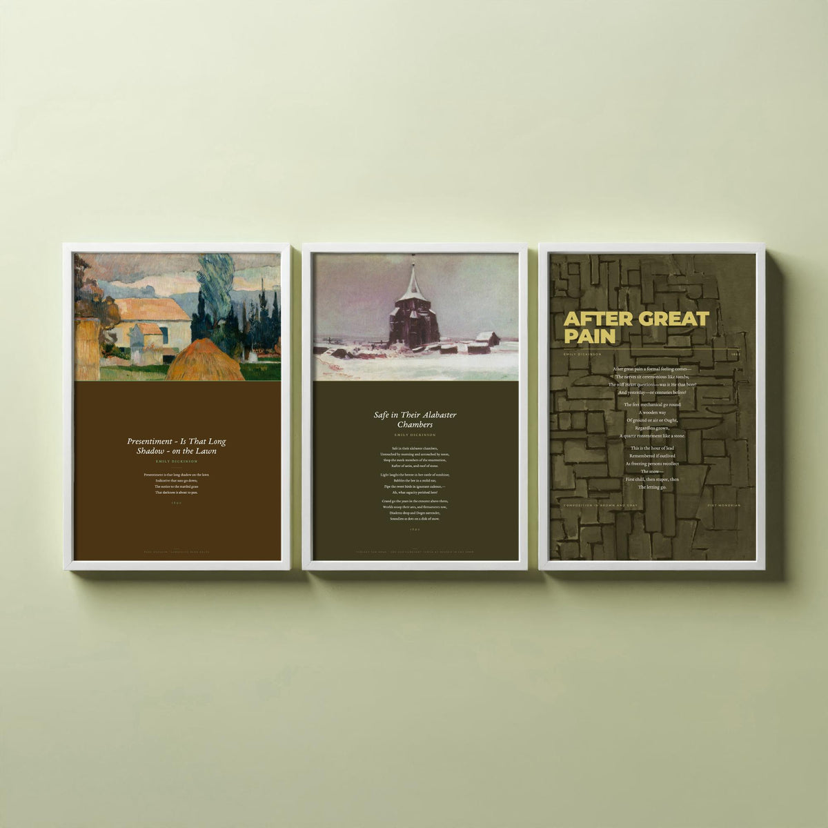 Emily Dickinson Grief Poems Set of Three Art Prints - Safe in Their Alabaster Chambers, After Great Pain, Presentiment - Painting Poster V3