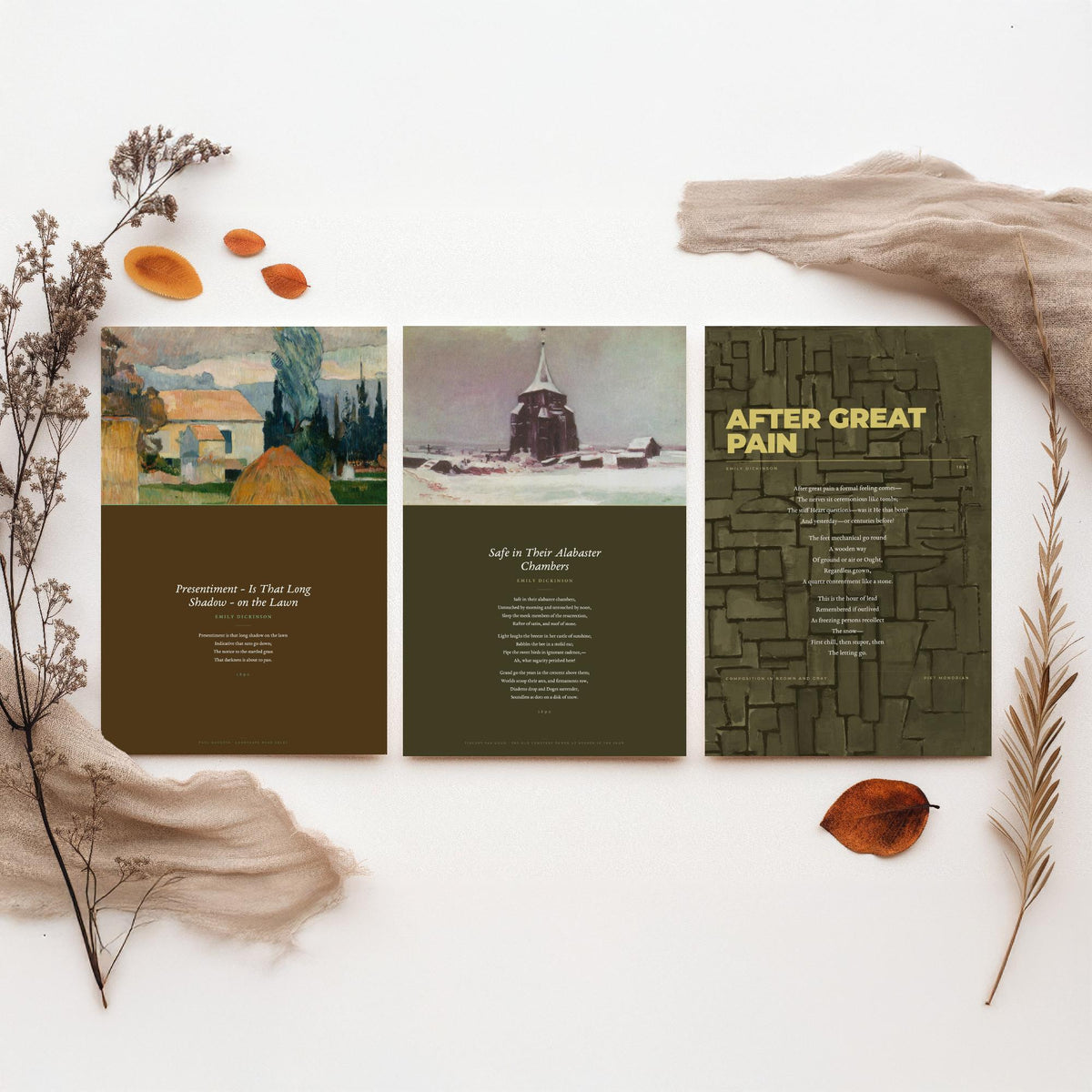 Emily Dickinson Grief Poems Set of Three Art Prints - Safe in Their Alabaster Chambers, After Great Pain, Presentiment - Painting Poster V3