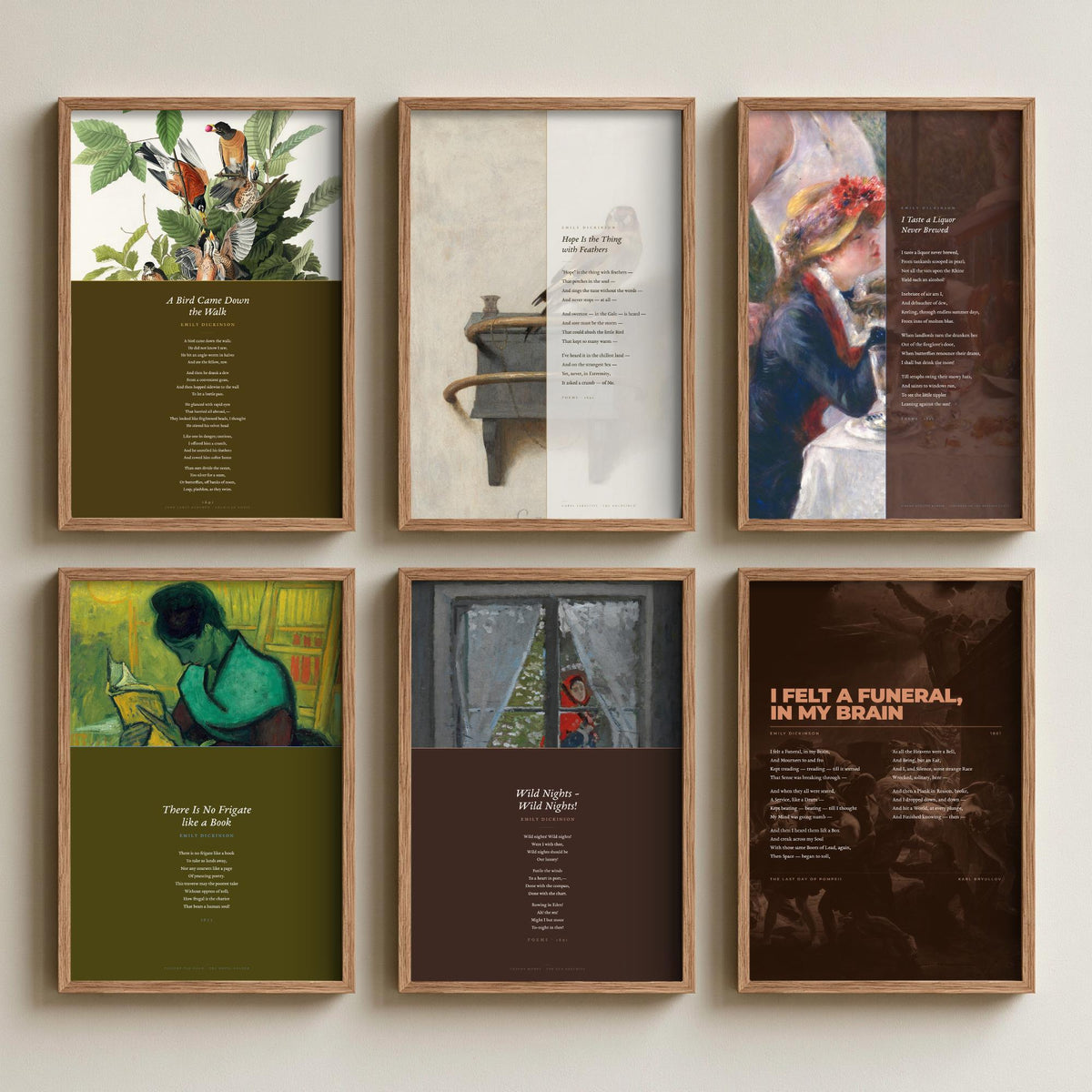 Set of Six Emily Dickinson Poem Art Prints - 6 Full Poems over Paintings - Posters - Hope is the Thing with Feathers, Wild Nights, Frigate