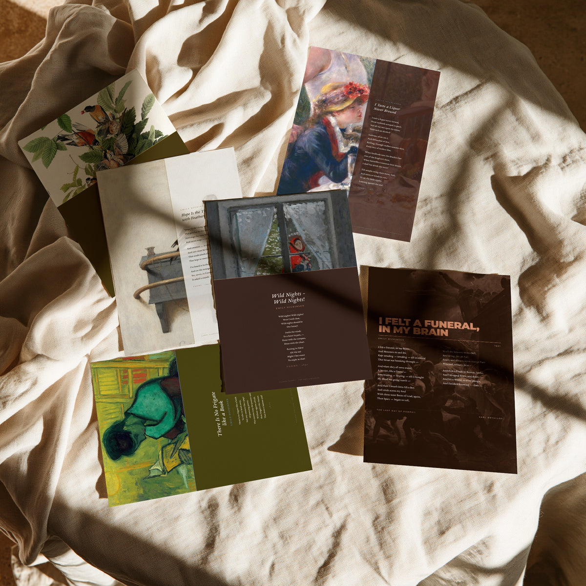 Set of Six Emily Dickinson Poem Art Prints - 6 Full Poems over Paintings - Posters - Hope is the Thing with Feathers, Wild Nights, Frigate