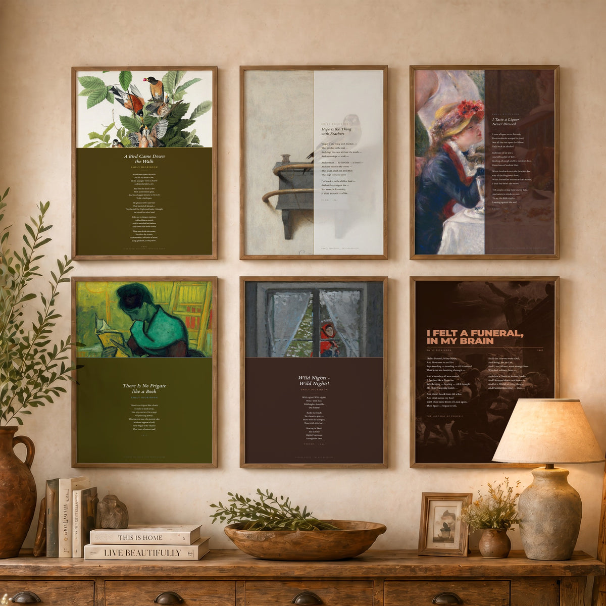 Set of Six Emily Dickinson Poem Art Prints - 6 Full Poems over Paintings - Posters - Hope is the Thing with Feathers, Wild Nights, Frigate