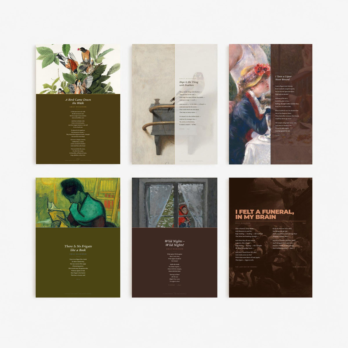 Set of Six Emily Dickinson Poem Art Prints - 6 Full Poems over Paintings - Posters - Hope is the Thing with Feathers, Wild Nights, Frigate