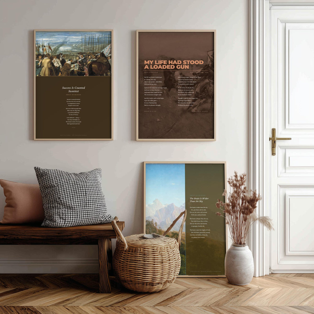 Emily Dickinson Famous Poems Set of Three Art Prints - My Life Had Stood a Loaded Gun, The Brain Is Wider Than the Sky - Painting Poster V4