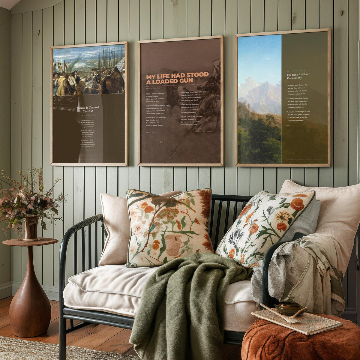 Emily Dickinson Famous Poems Set of Three Art Prints - My Life Had Stood a Loaded Gun, The Brain Is Wider Than the Sky - Painting Poster V4
