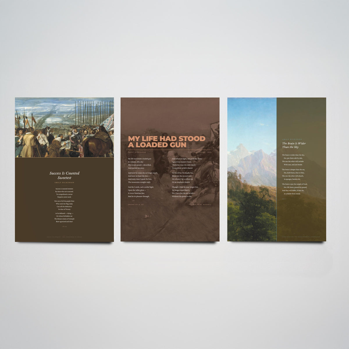 Emily Dickinson Famous Poems Set of Three Art Prints - My Life Had Stood a Loaded Gun, The Brain Is Wider Than the Sky - Painting Poster V4