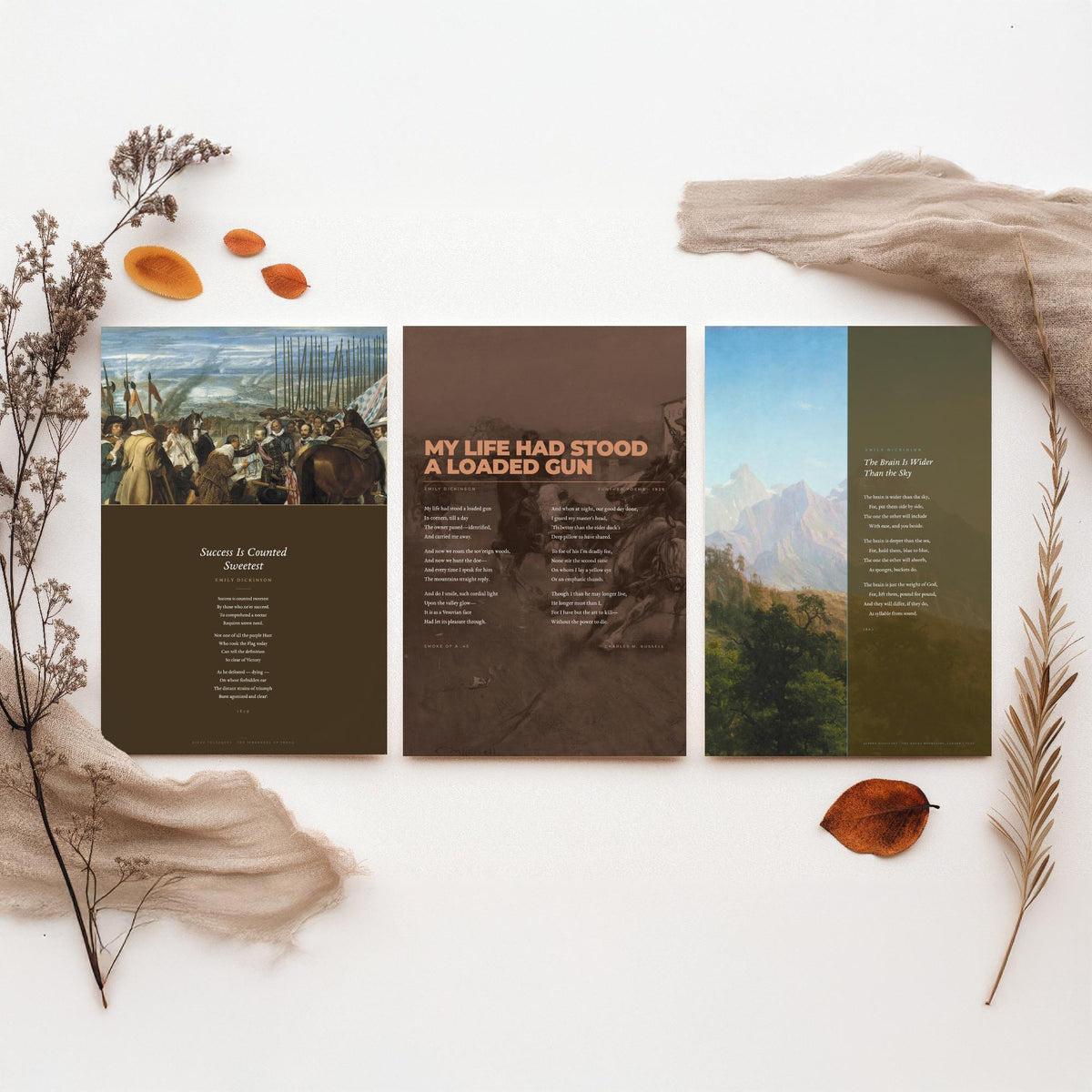Emily Dickinson Famous Poems Set of Three Art Prints - My Life Had Stood a Loaded Gun, The Brain Is Wider Than the Sky - Painting Poster V4