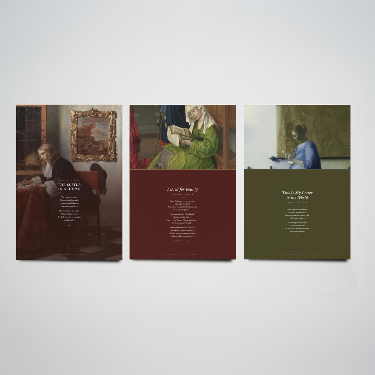 Emily Dickinson Set of Three Art Prints - This Is My Letter to the World, The Bustle in a House, I Died for Beauty - Painting Poster V1