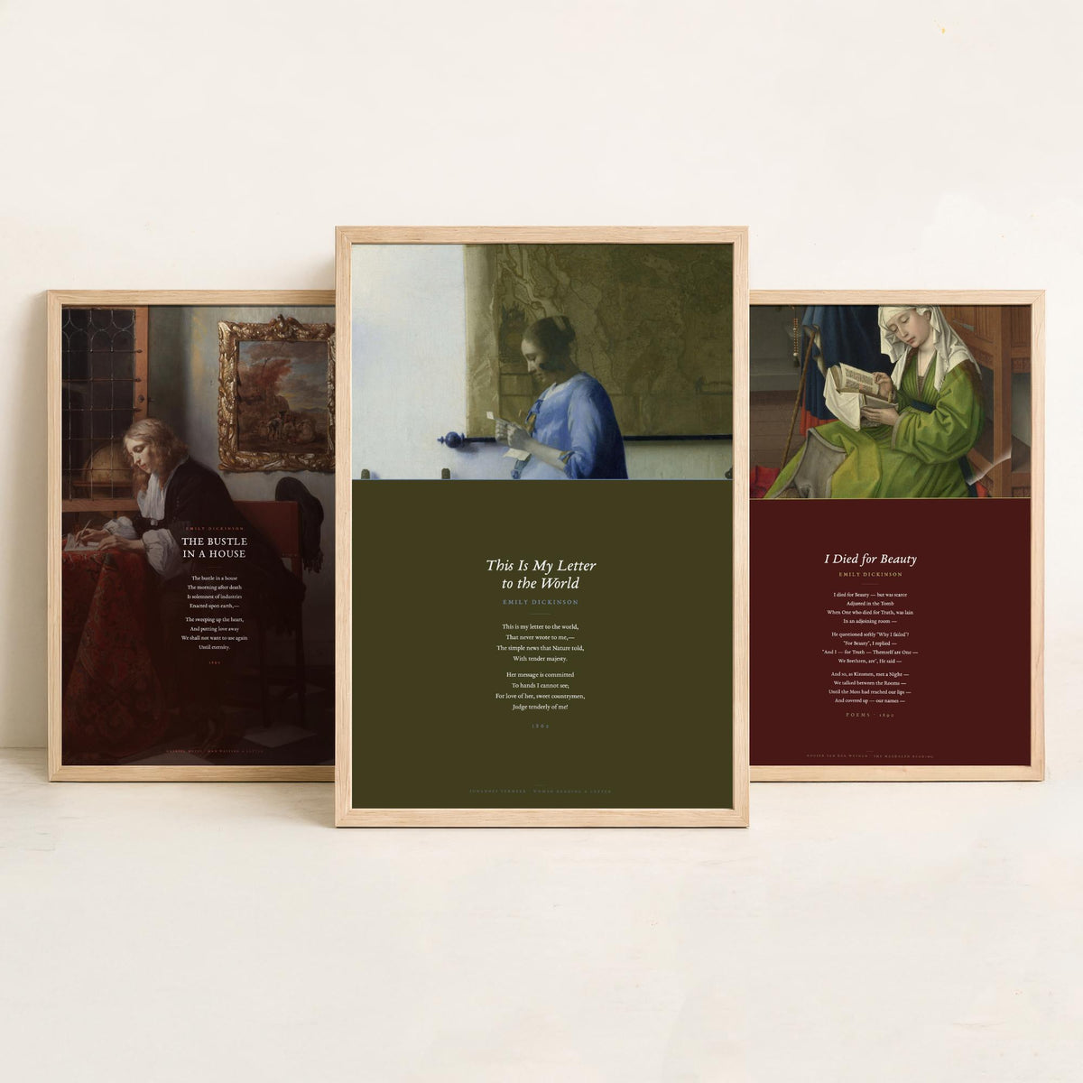 Emily Dickinson Set of Three Art Prints - This Is My Letter to the World, The Bustle in a House, I Died for Beauty - Painting Poster V1