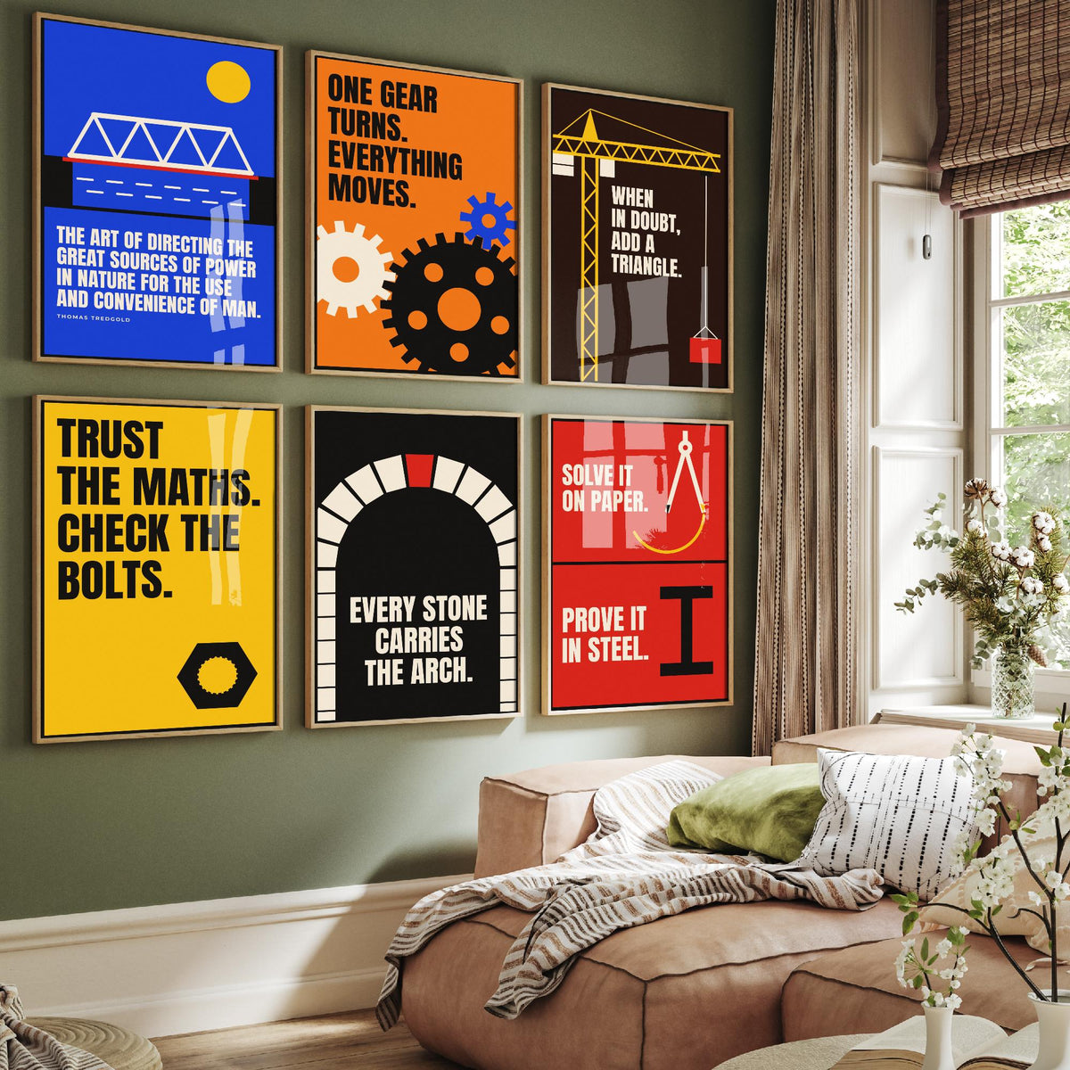 Set of Six Engineering Quote Art Prints - 6 Bauhaus Engineer Posters - Minimalist Tech Illustration - Gears, Crane, Arch