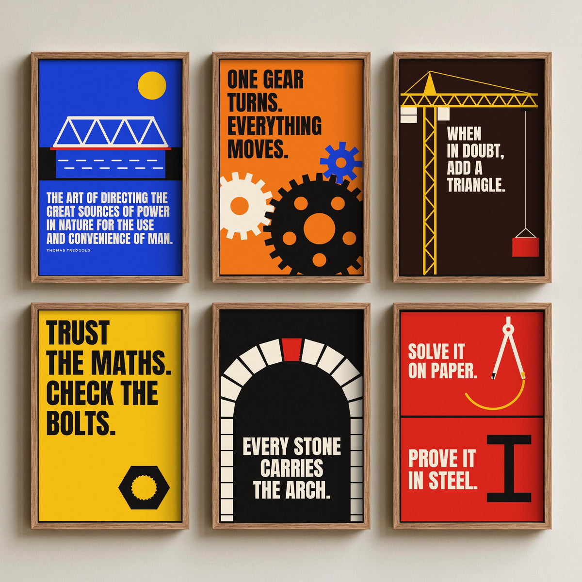 Set of Six Engineering Quote Art Prints - 6 Bauhaus Engineer Posters - Minimalist Tech Illustration - Gears, Crane, Arch