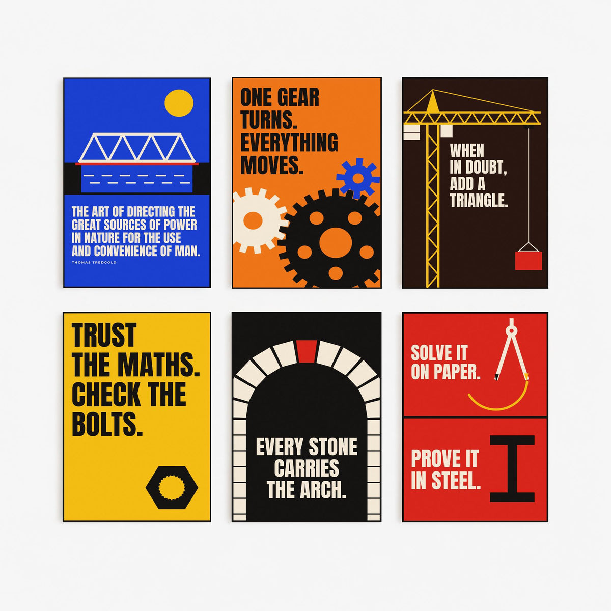 Set of Six Engineering Quote Art Prints - 6 Bauhaus Engineer Posters - Minimalist Tech Illustration - Gears, Crane, Arch