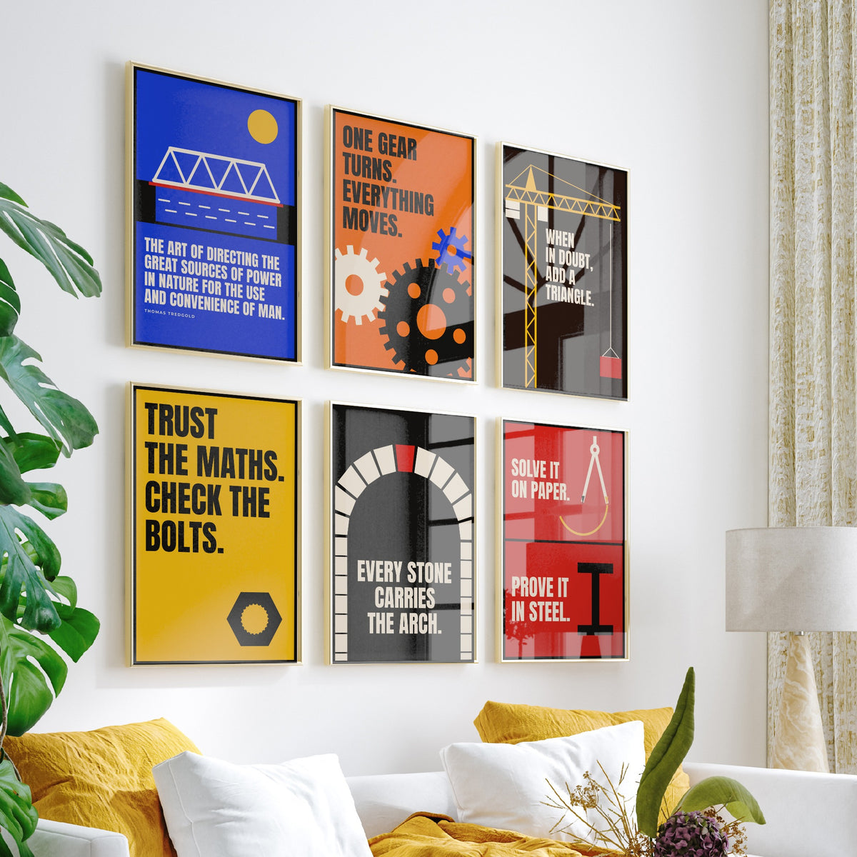 Set of Six Engineering Quote Art Prints - 6 Bauhaus Engineer Posters - Minimalist Tech Illustration - Gears, Crane, Arch
