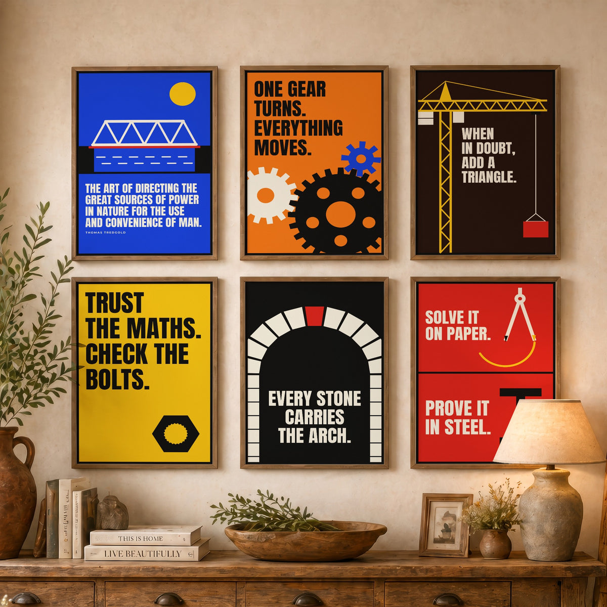 Set of Six Engineering Quote Art Prints - 6 Bauhaus Engineer Posters - Minimalist Tech Illustration - Gears, Crane, Arch