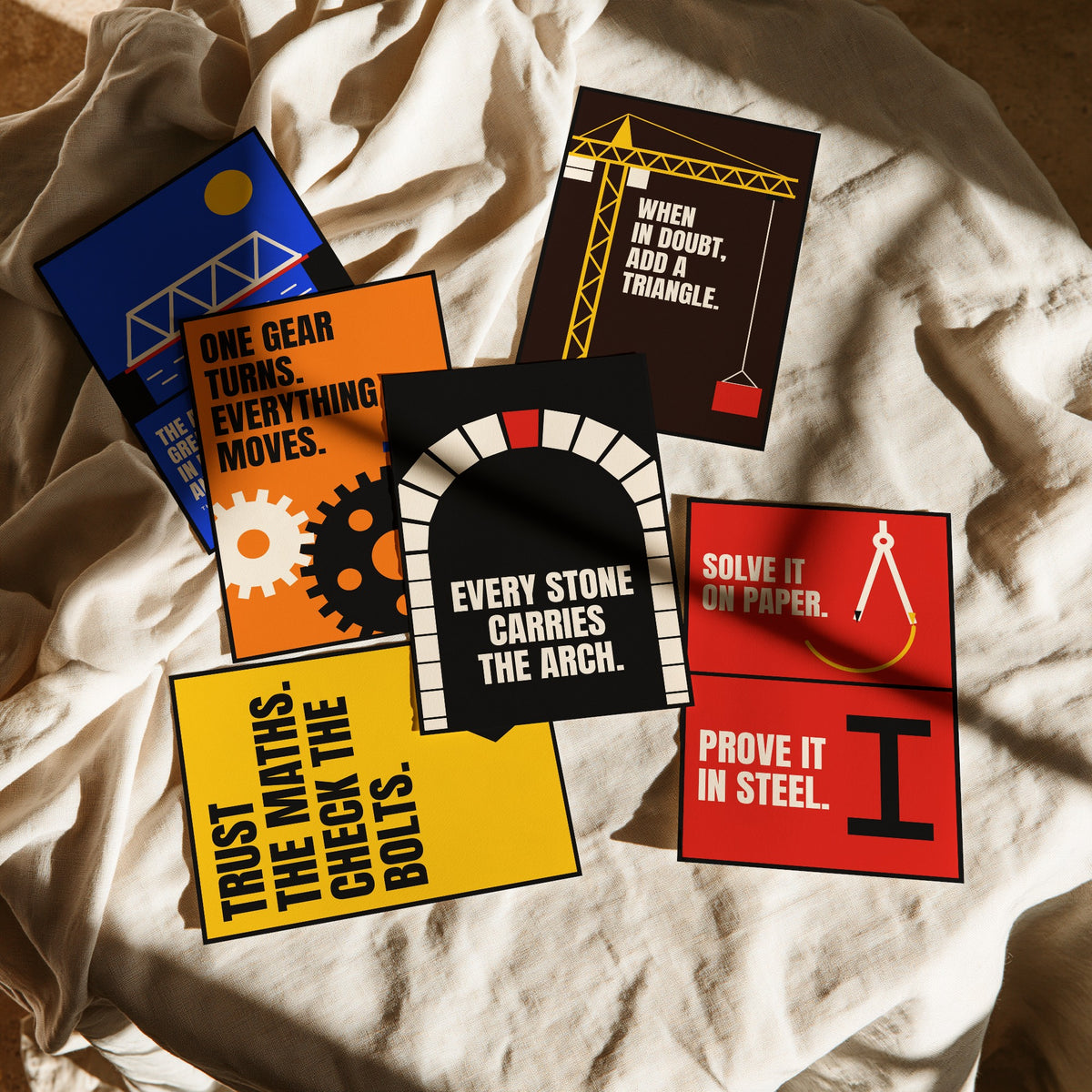 Set of Six Engineering Quote Art Prints - 6 Bauhaus Engineer Posters - Minimalist Tech Illustration - Gears, Crane, Arch
