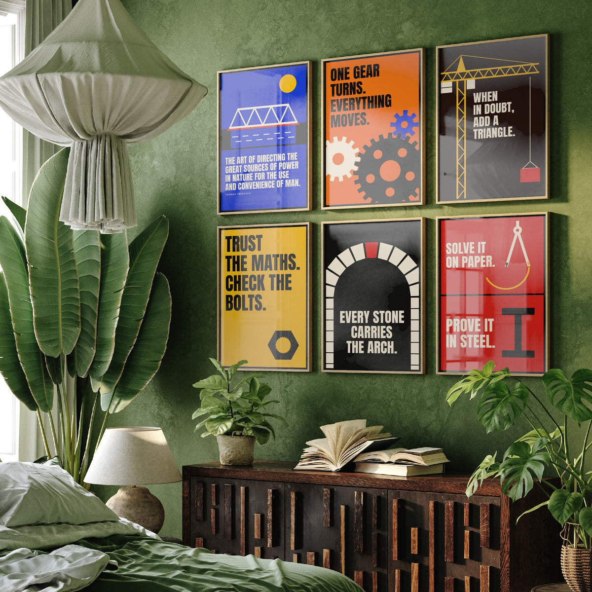 Set of Six Engineering Quote Art Prints - 6 Bauhaus Engineer Posters - Minimalist Tech Illustration - Gears, Crane, Arch