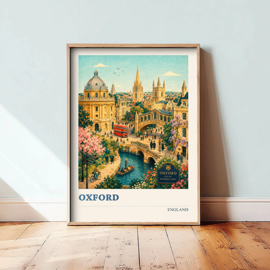 Oxford Travel Poster - England Art Print - Vintage City Illustration - Dreaming Spires Landmarks 1/3