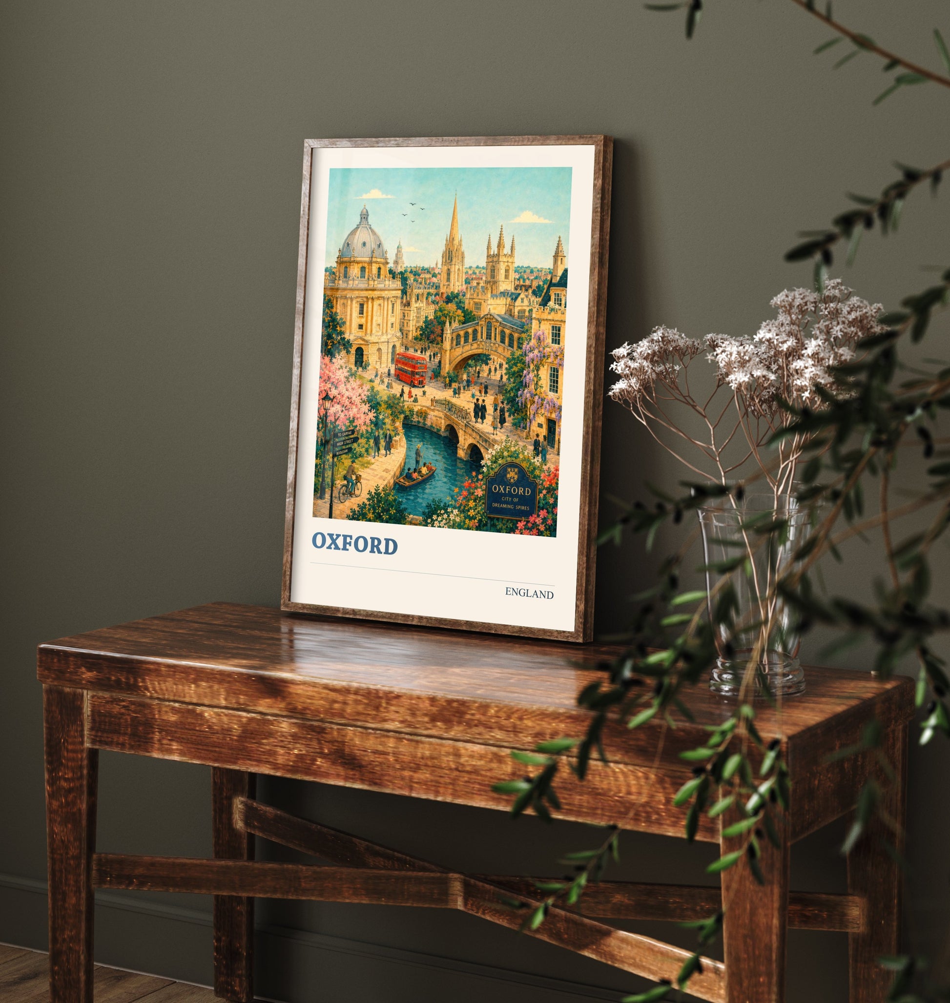 Oxford Travel Poster - England Art Print - Vintage City Illustration - Dreaming Spires Landmarks 1/3