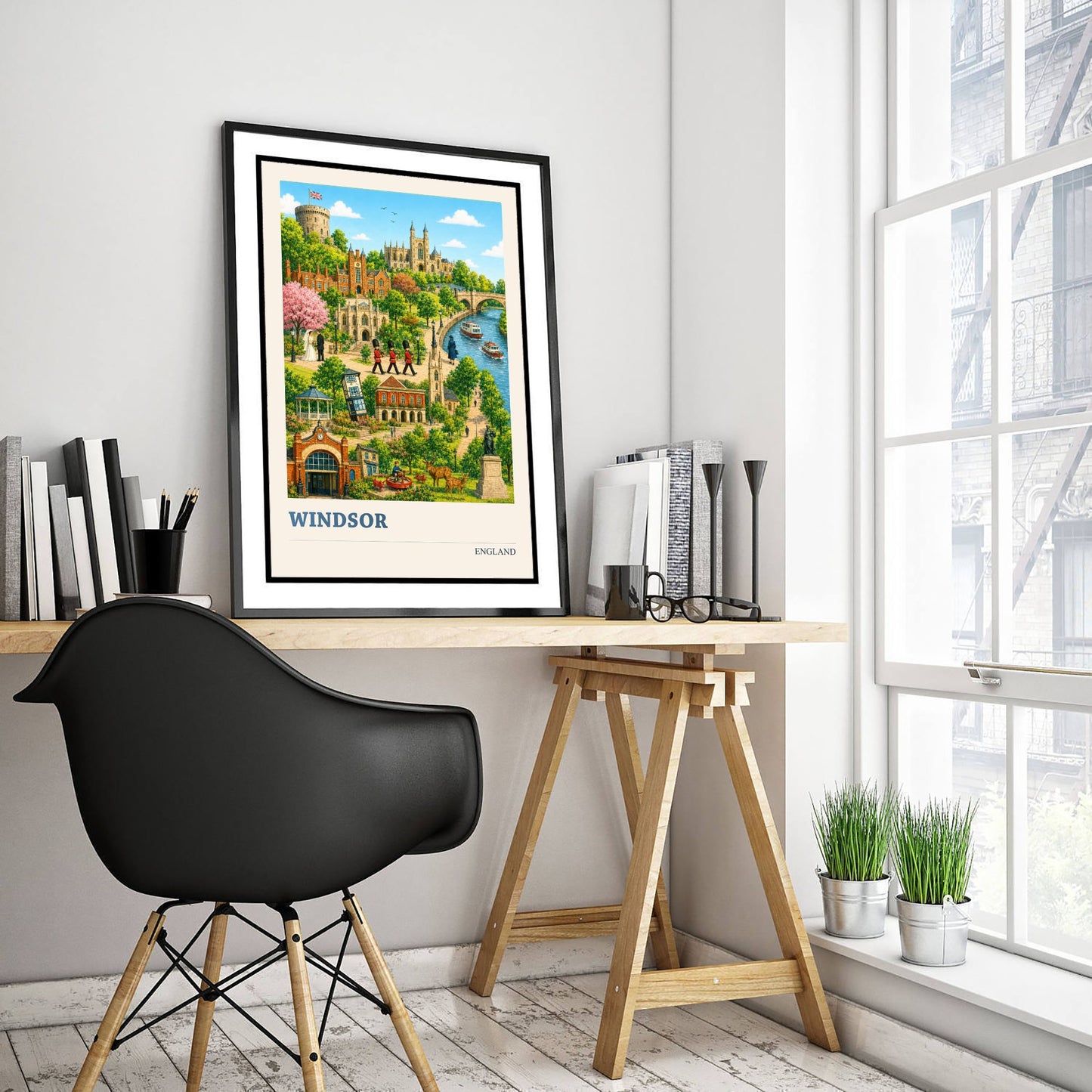 Windsor Travel Poster - England Art Print - Vintage City Illustration - Castle and Landmarks 2/3