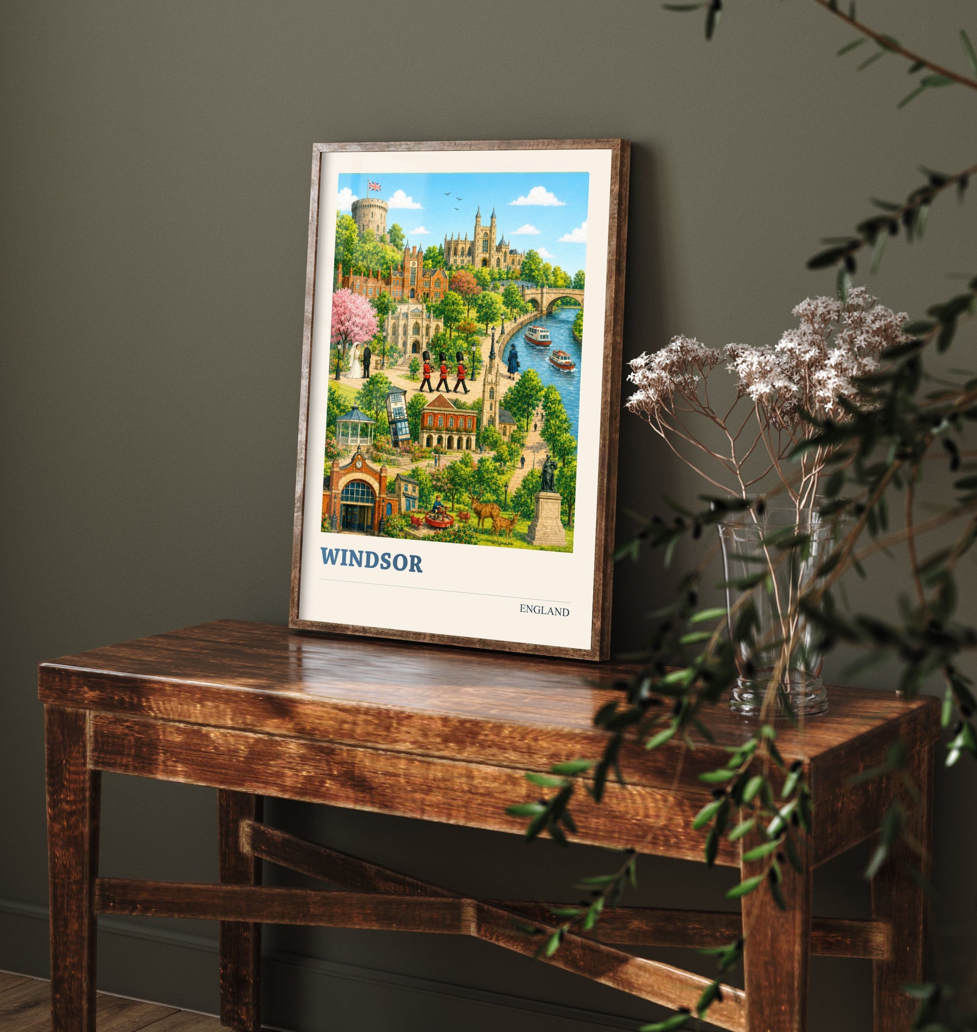 Windsor Travel Poster - England Art Print - Vintage City Illustration - Castle and Landmarks 2/3