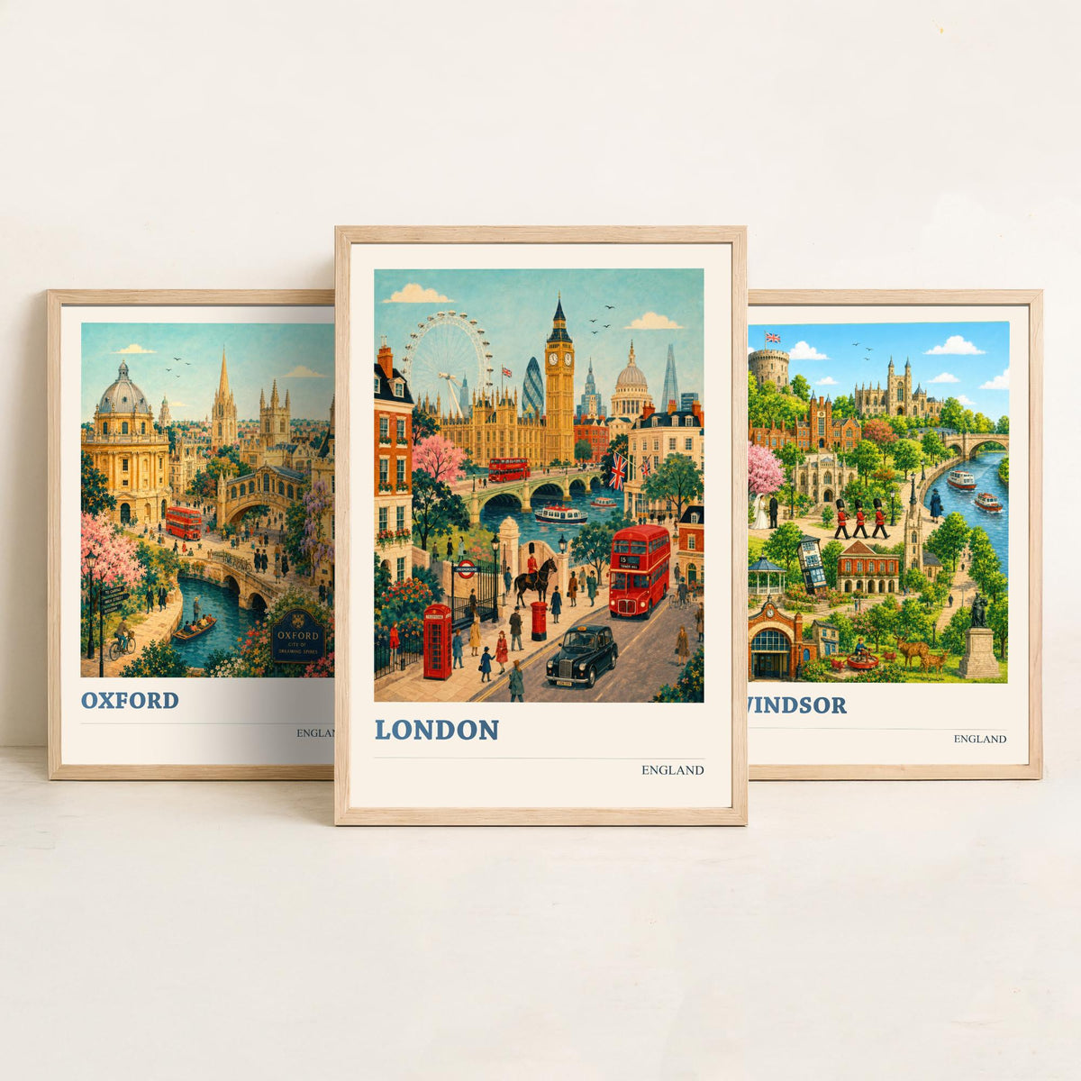 England Set of Three Prints | Oxford Windsor London | Vintage British Travel City Wall Art Poster Painting