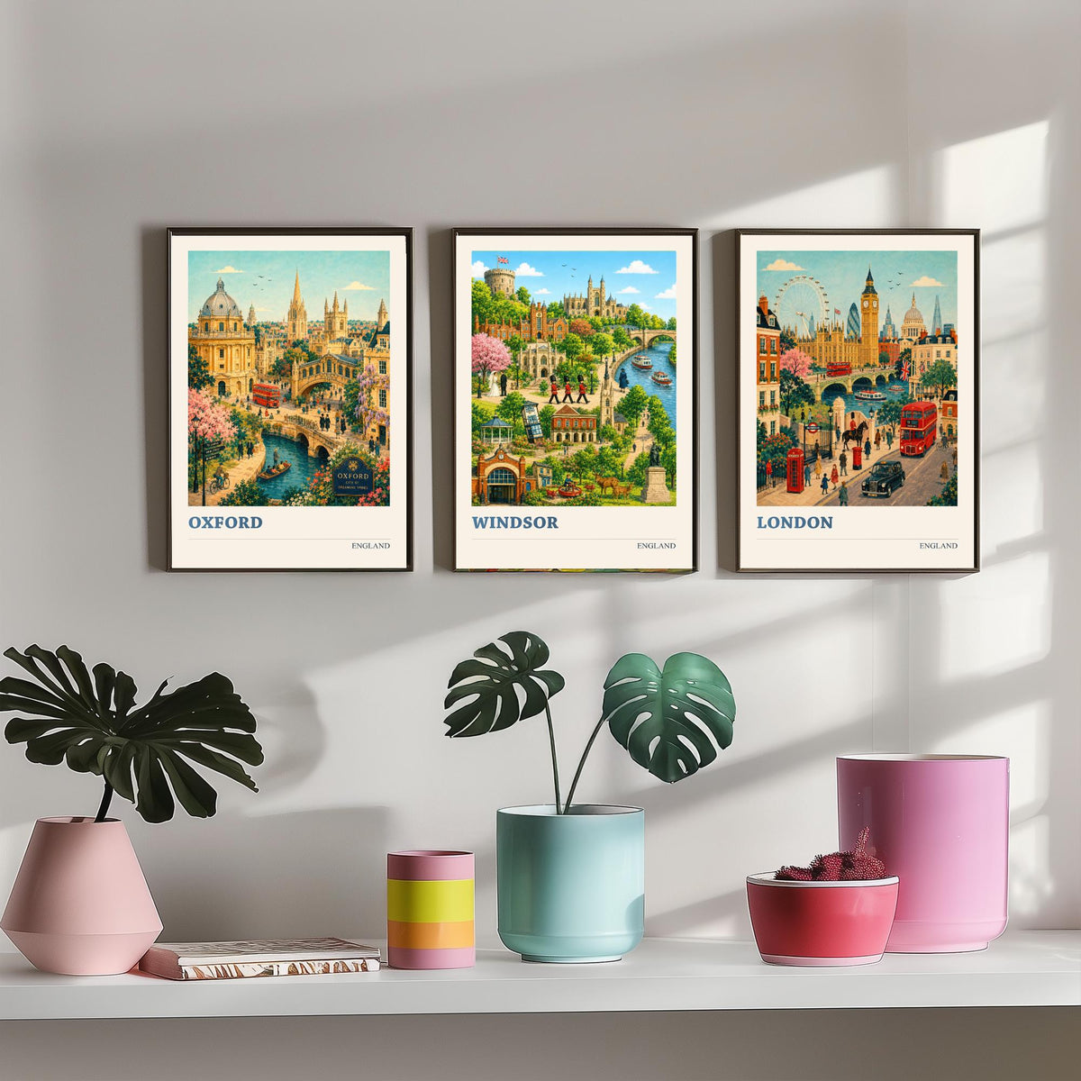 England Set of Three Prints | Oxford Windsor London | Vintage British Travel City Wall Art Poster Painting