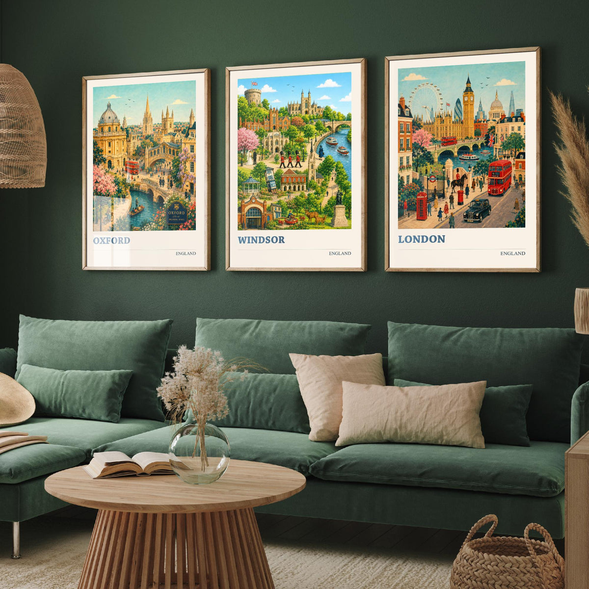 England Set of Three Prints | Oxford Windsor London | Vintage British Travel City Wall Art Poster Painting