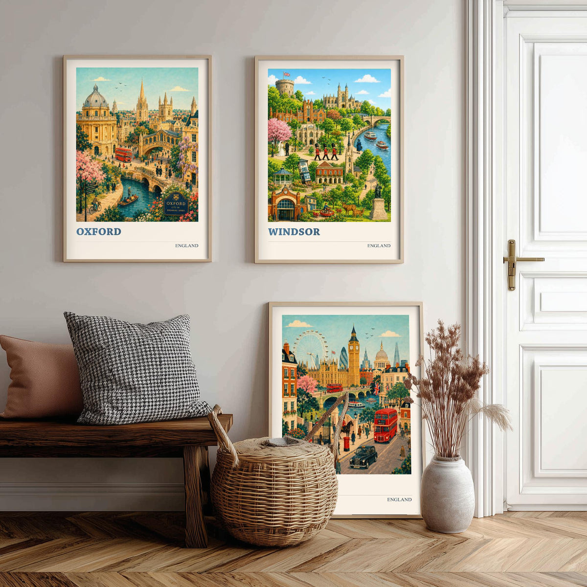 England Set of Three Prints | Oxford Windsor London | Vintage British Travel City Wall Art Poster Painting