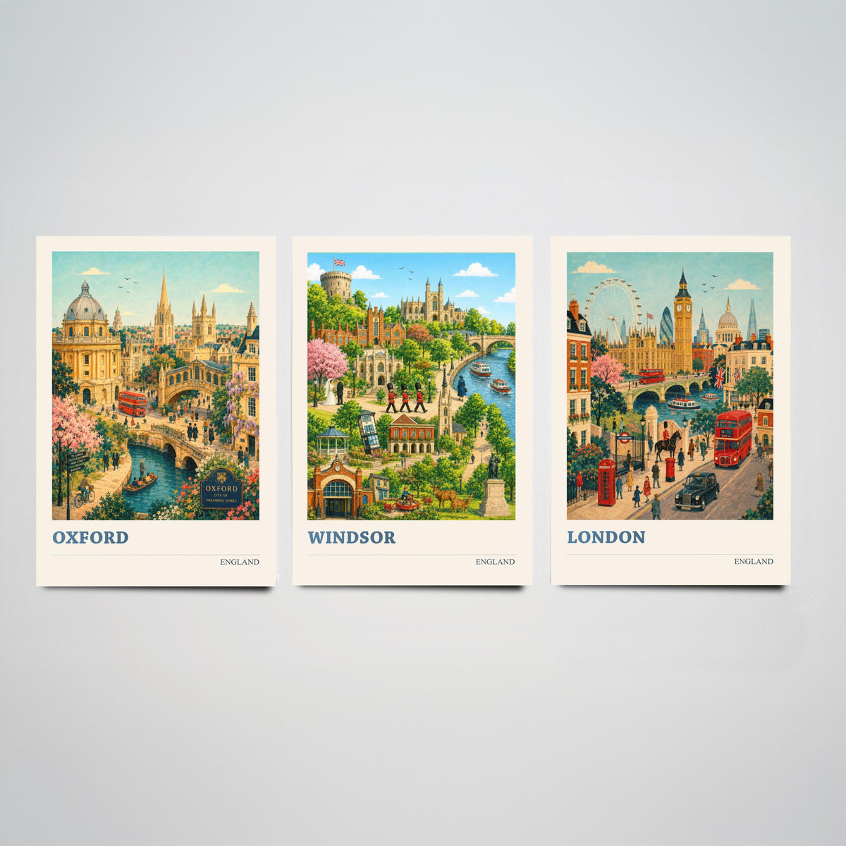 England Set of Three Prints | Oxford Windsor London | Vintage British Travel City Wall Art Poster Painting