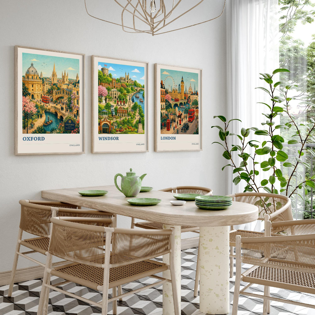 England Set of Three Prints | Oxford Windsor London | Vintage British Travel City Wall Art Poster Painting