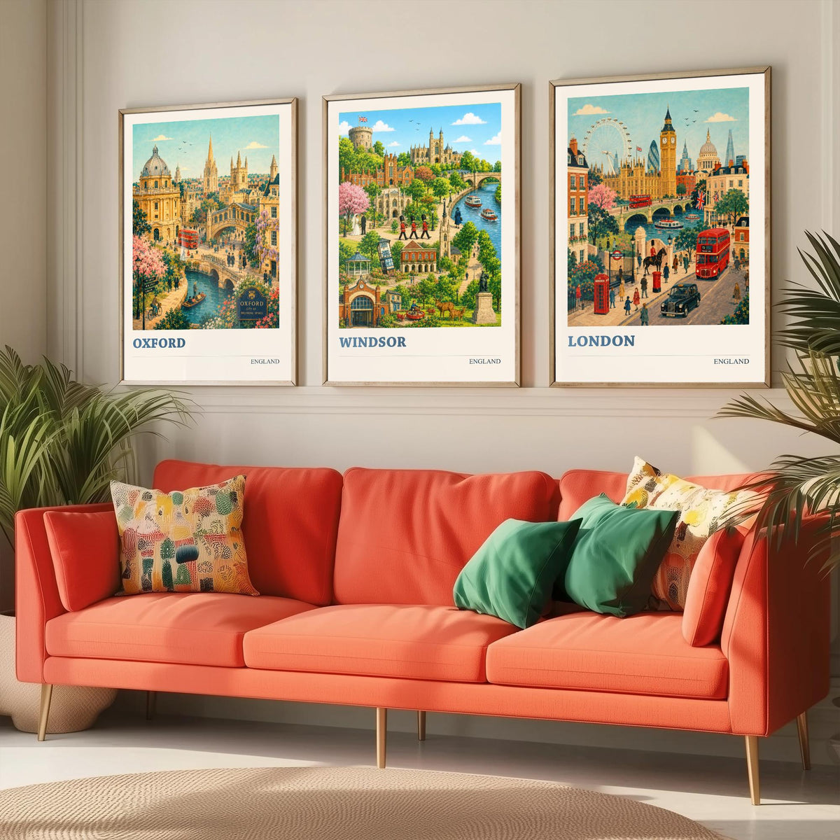 England Set of Three Prints | Oxford Windsor London | Vintage British Travel City Wall Art Poster Painting