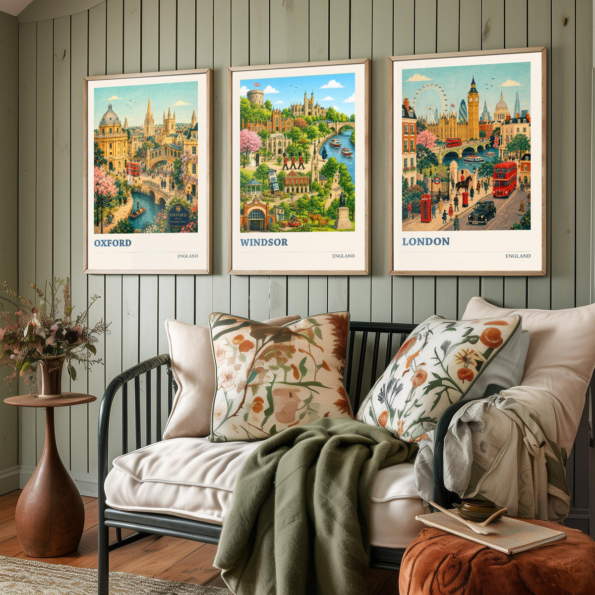 England Set of Three Prints | Oxford Windsor London | Vintage British Travel City Wall Art Poster Painting