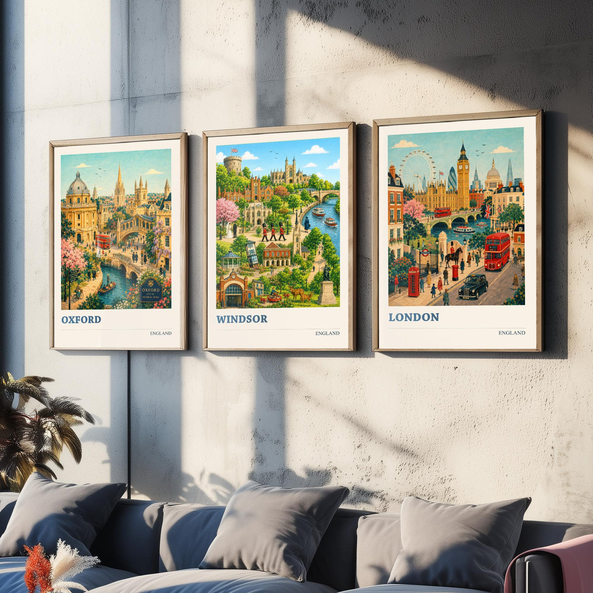 England Set of Three Prints | Oxford Windsor London | Vintage British Travel City Wall Art Poster Painting