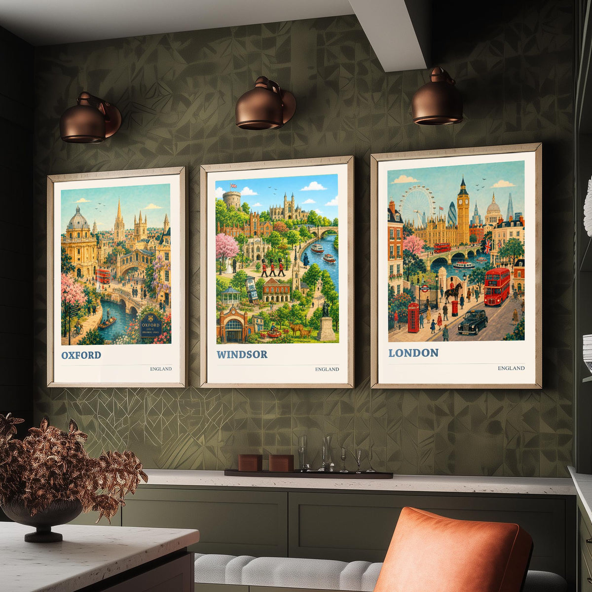 England Set of Three Prints | Oxford Windsor London | Vintage British Travel City Wall Art Poster Painting