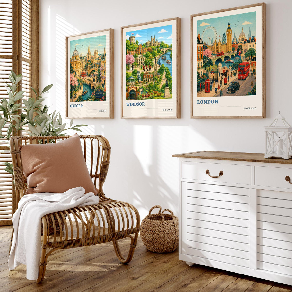 England Set of Three Prints | Oxford Windsor London | Vintage British Travel City Wall Art Poster Painting