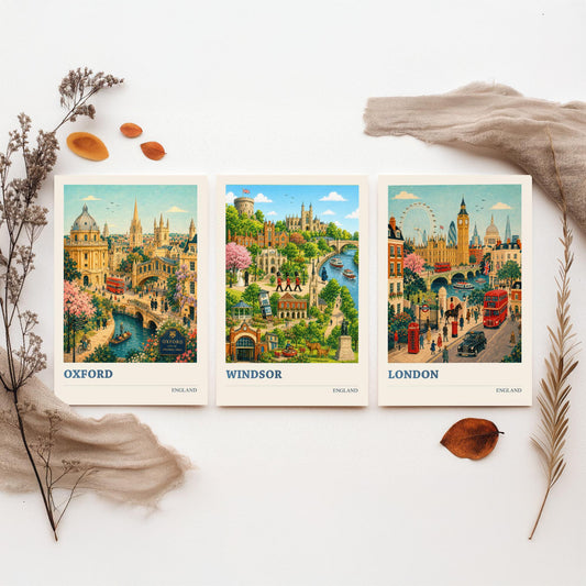 England Set of Three Prints | Oxford Windsor London | Vintage British Travel City Wall Art Poster Painting