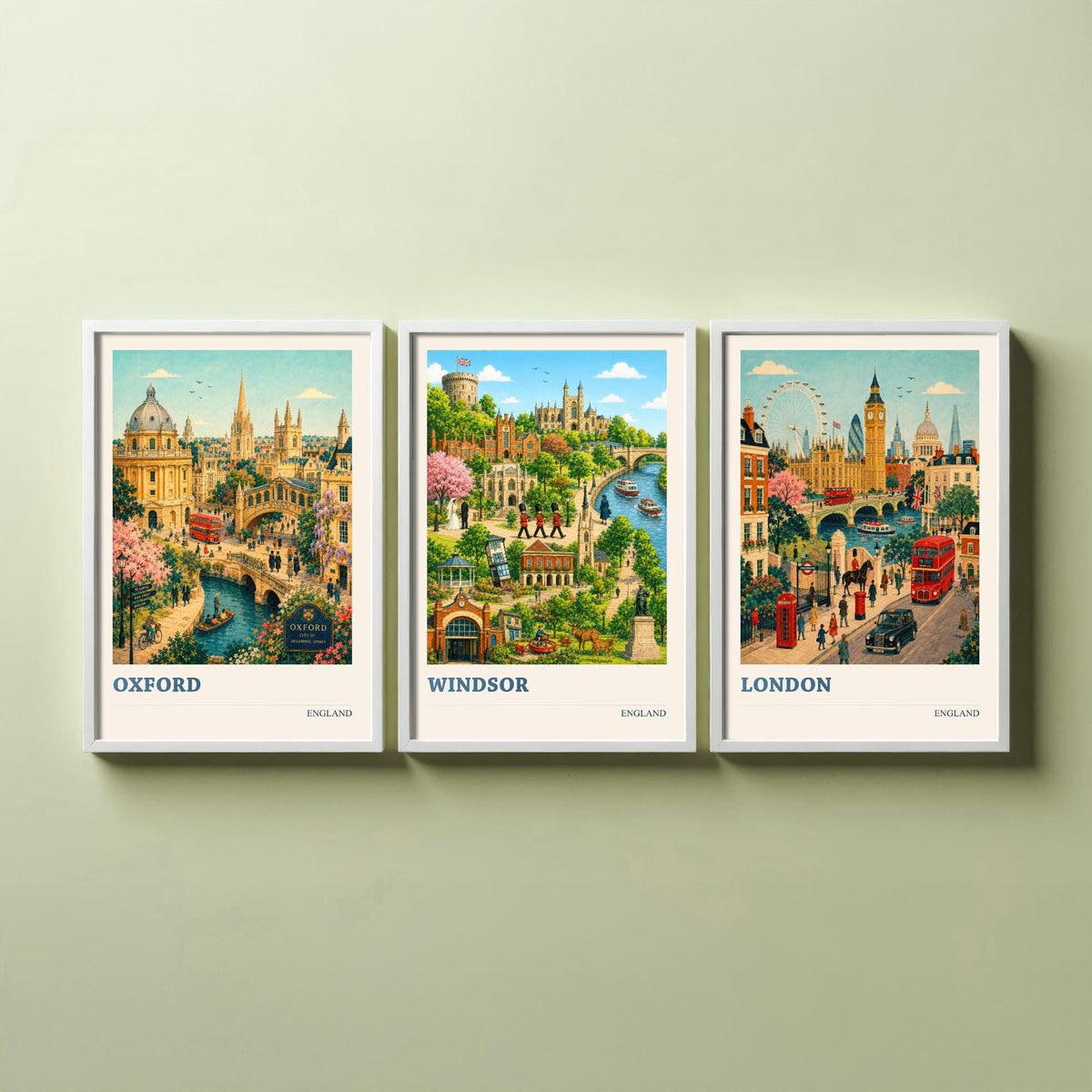 England Set of Three Prints | Oxford Windsor London | Vintage British Travel City Wall Art Poster Painting
