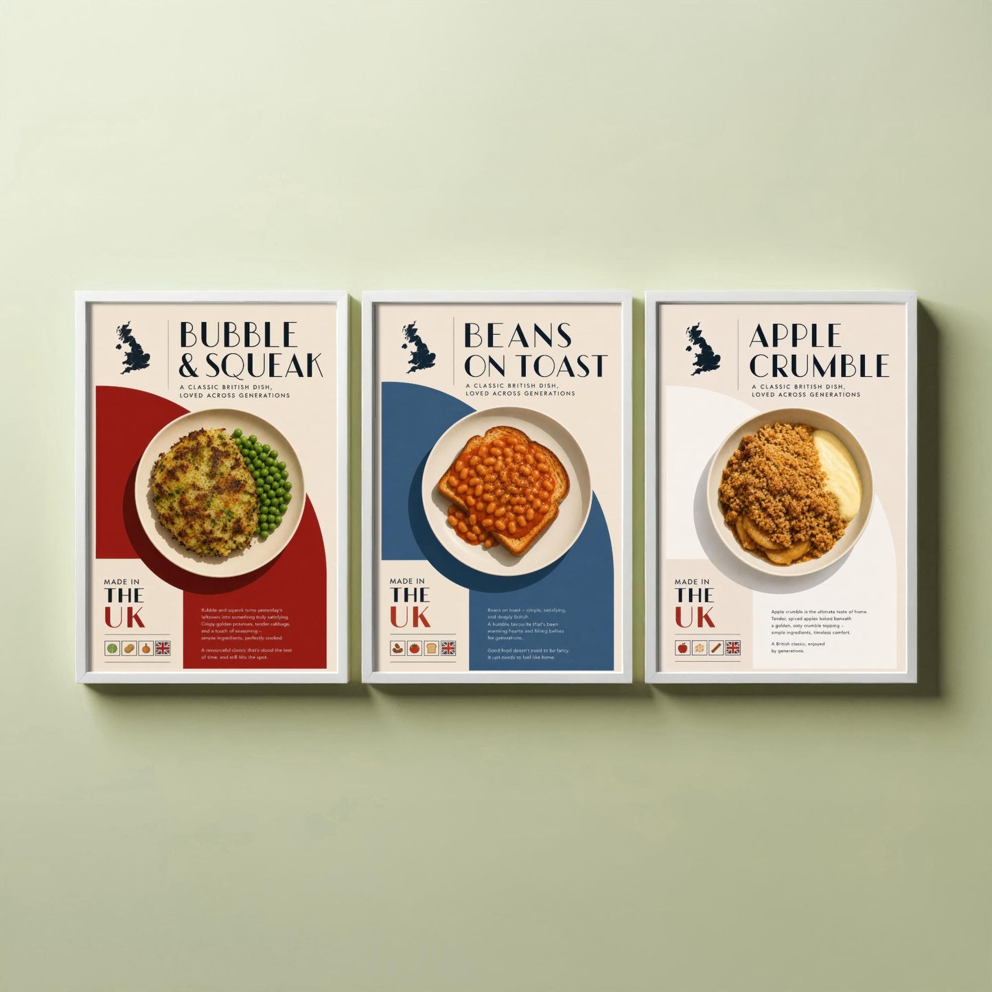 British Food Set of Three Kitchen Art Prints - Bubble & Squeak, Beans on Toast, Apple Crumble - Poster Illustration Gift