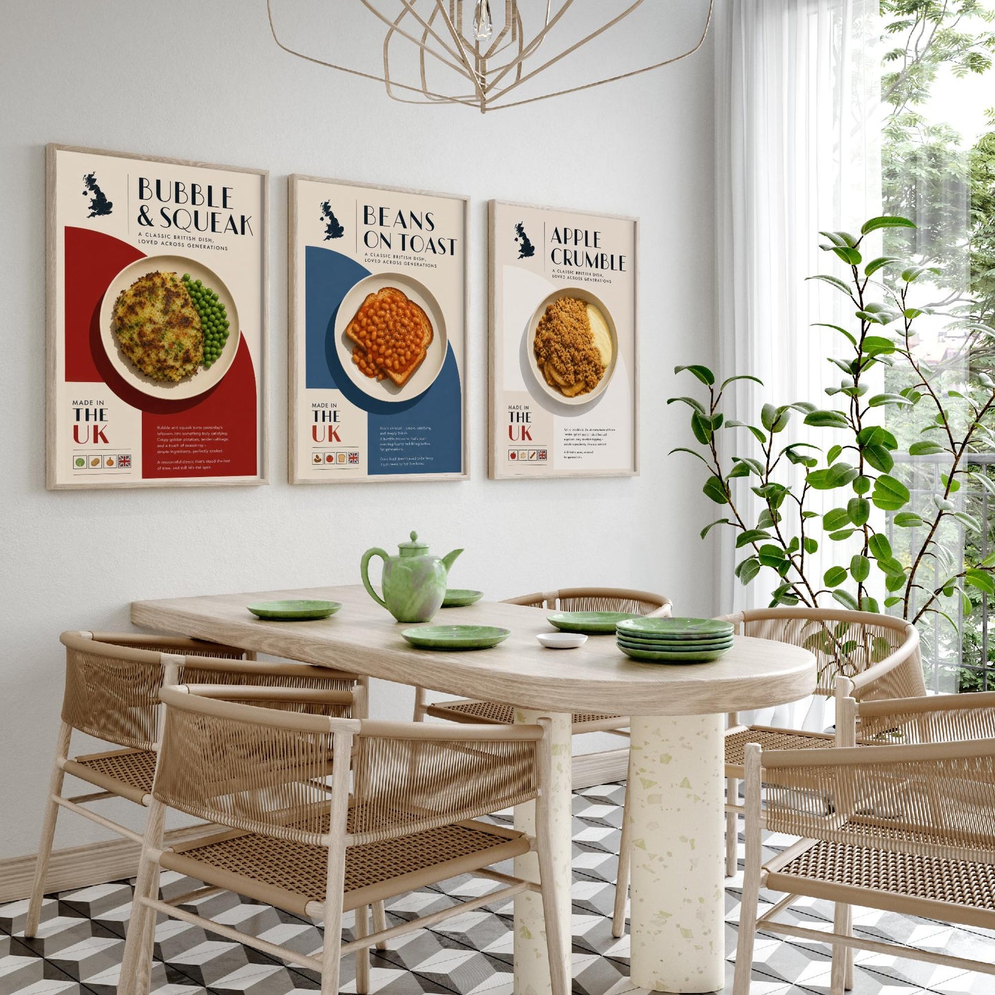 British Food Set of Three Kitchen Art Prints - Bubble & Squeak, Beans on Toast, Apple Crumble - Poster Illustration Gift