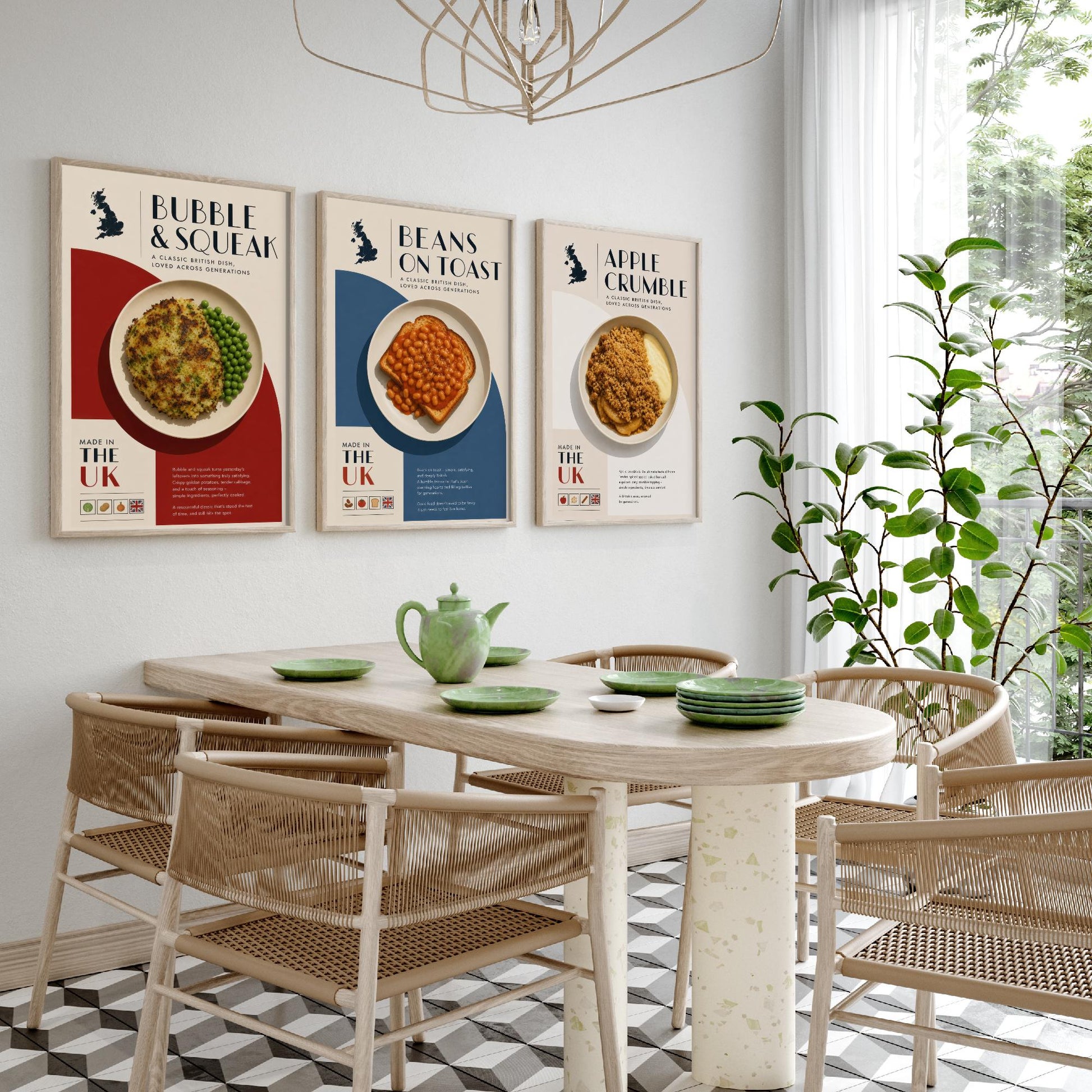 British Food Set of Three Kitchen Art Prints - Bubble & Squeak, Beans on Toast, Apple Crumble - Poster Illustration Gift