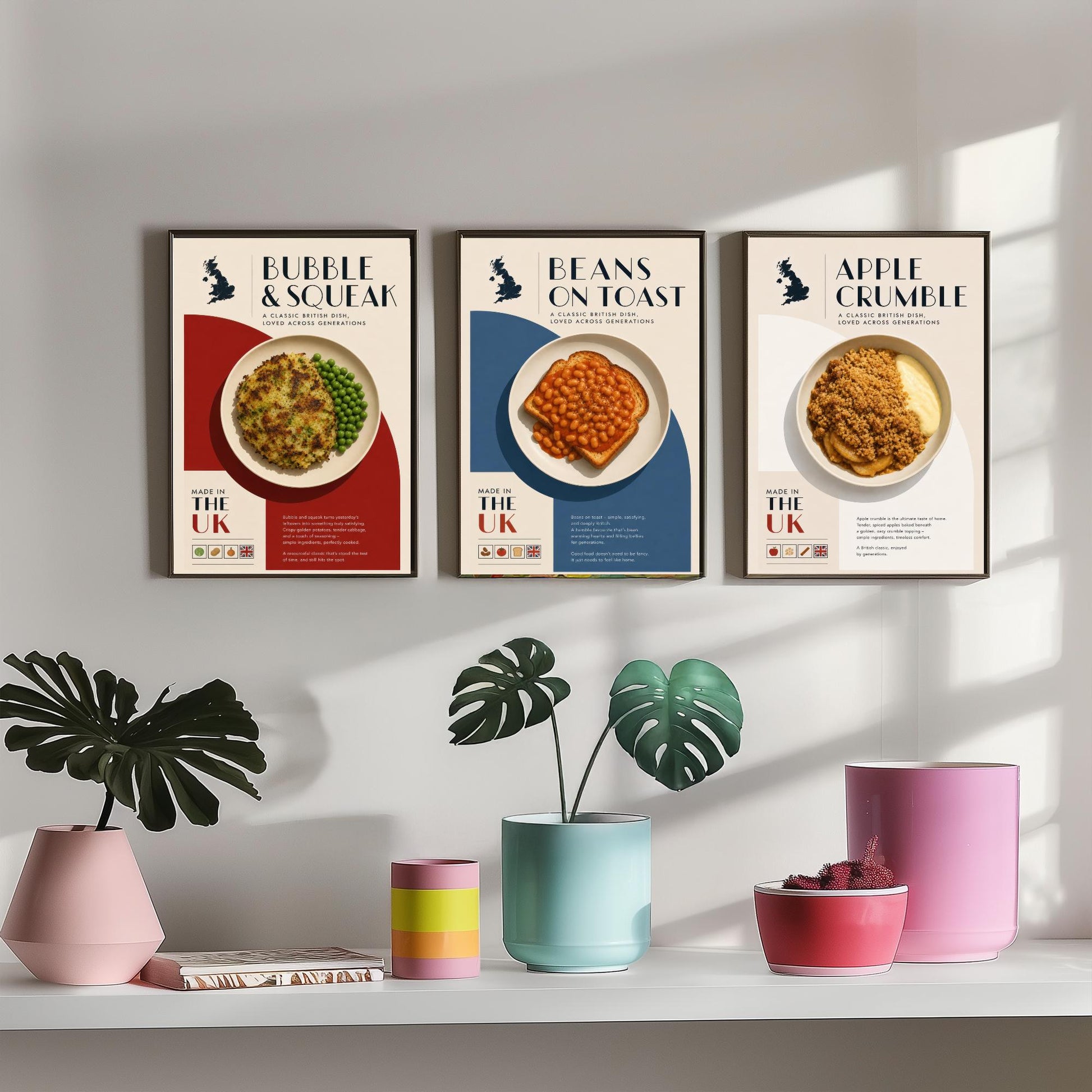 British Food Set of Three Kitchen Art Prints - Bubble & Squeak, Beans on Toast, Apple Crumble - Poster Illustration Gift