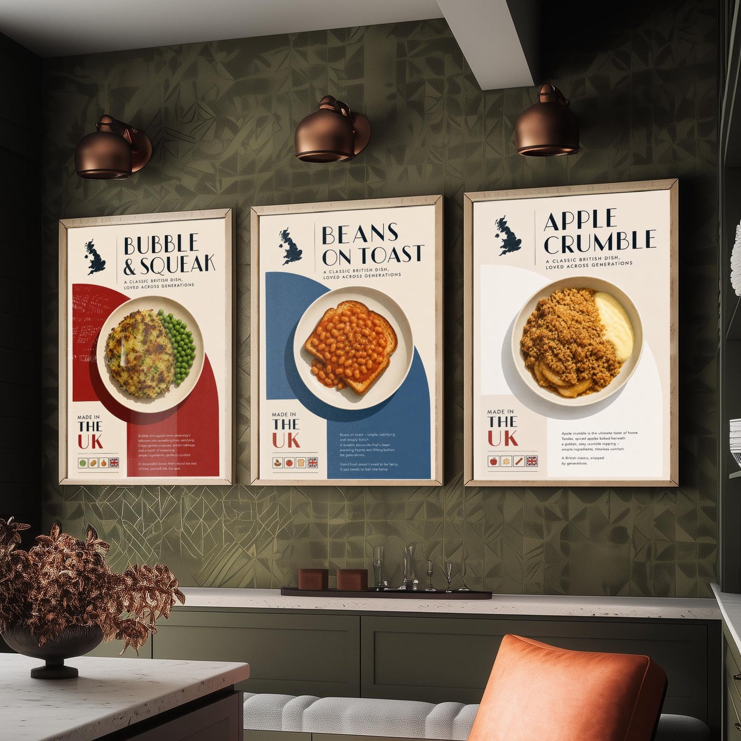 British Food Set of Three Kitchen Art Prints - Bubble & Squeak, Beans on Toast, Apple Crumble - Poster Illustration Gift