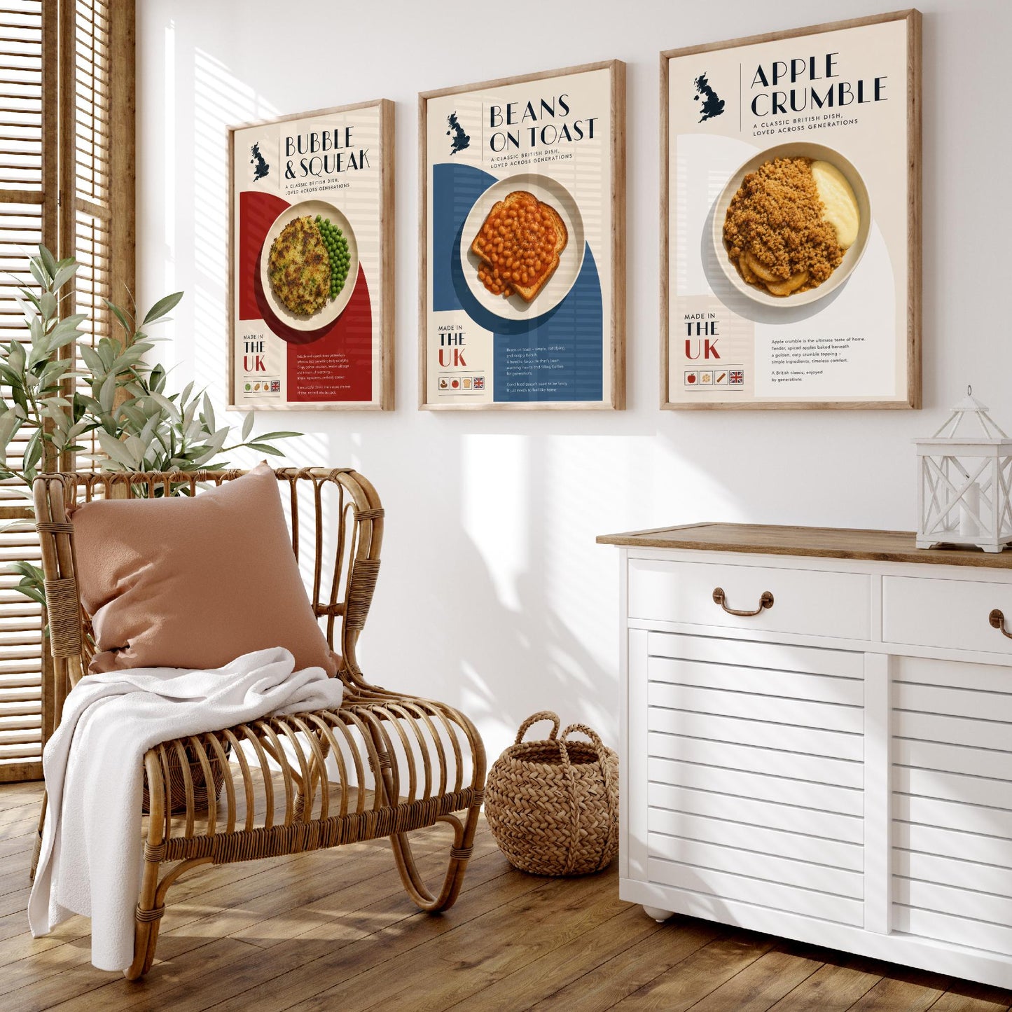 British Food Set of Three Kitchen Art Prints - Bubble & Squeak, Beans on Toast, Apple Crumble - Poster Illustration Gift