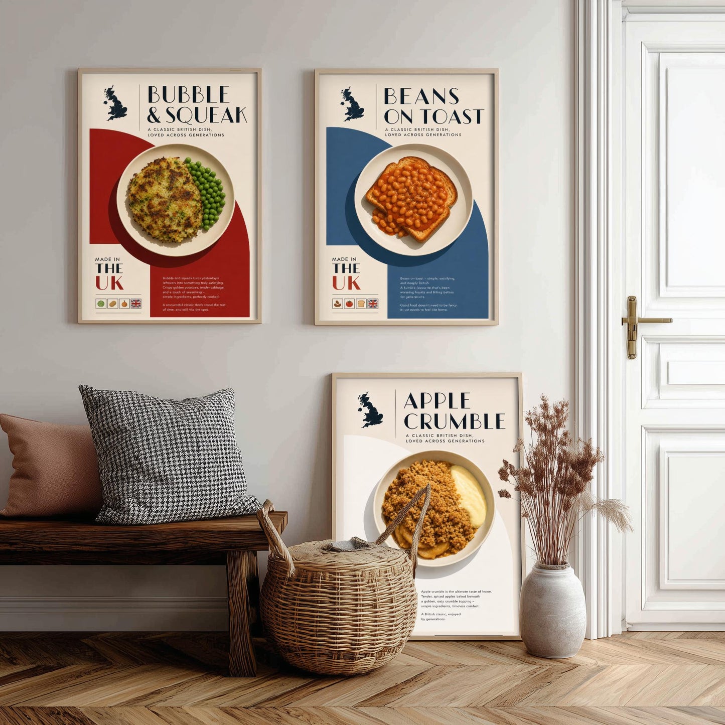 British Food Set of Three Kitchen Art Prints - Bubble & Squeak, Beans on Toast, Apple Crumble - Poster Illustration Gift