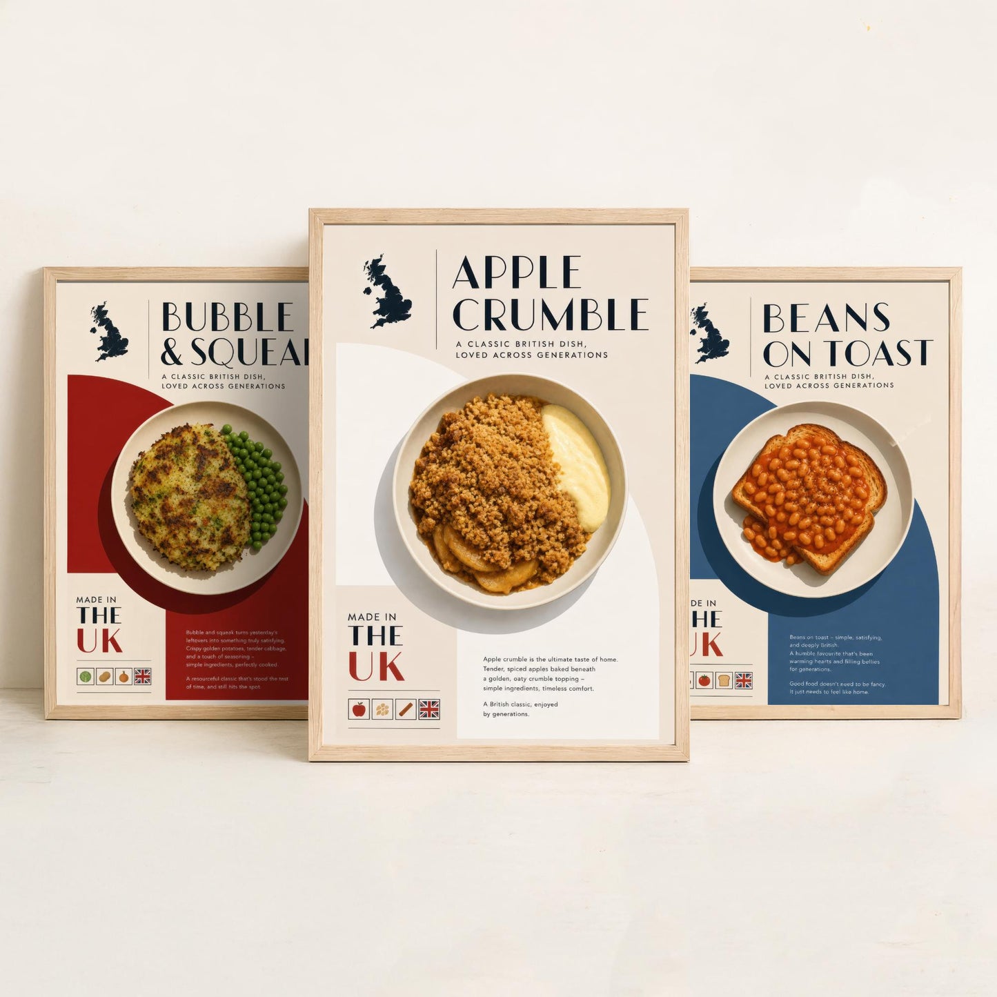 British Food Set of Three Kitchen Art Prints - Bubble & Squeak, Beans on Toast, Apple Crumble - Poster Illustration Gift