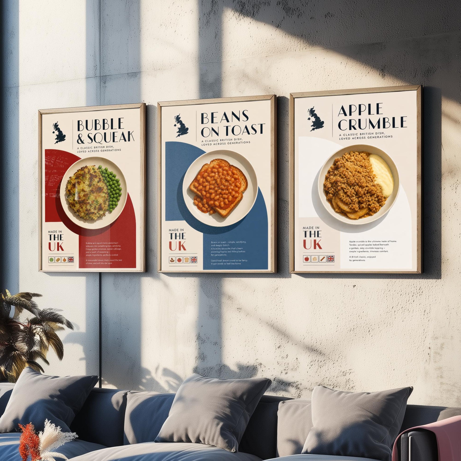 British Food Set of Three Kitchen Art Prints - Bubble & Squeak, Beans on Toast, Apple Crumble - Poster Illustration Gift