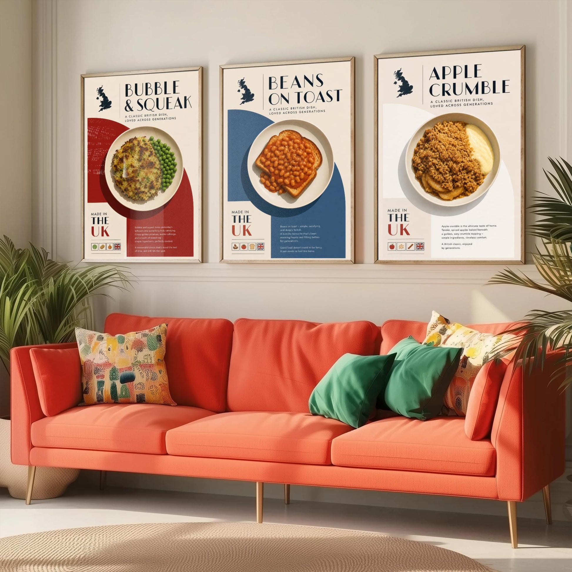 British Food Set of Three Kitchen Art Prints - Bubble & Squeak, Beans on Toast, Apple Crumble - Poster Illustration Gift